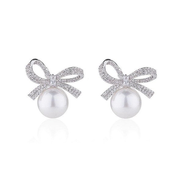 NEW 925 Sterling Silver Pearl Diamond Bow Earrings - Picture 5 of 5